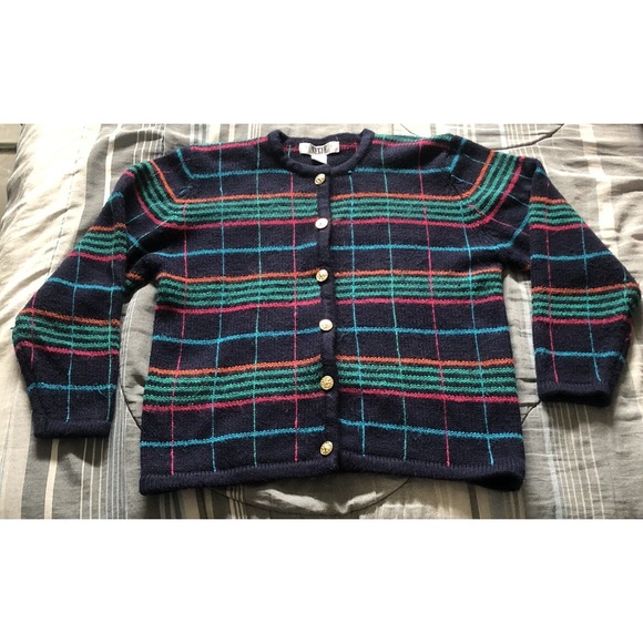 Vtg Segue Mohair Blend Cardigan Gold Buttons Medium 80s Colorful Preppy Sweater - Picture 1 of 7